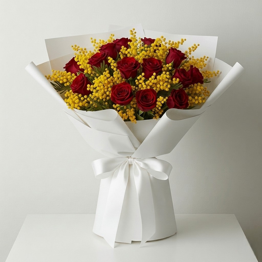 Bouquet Mimosa e Rose Rosse
