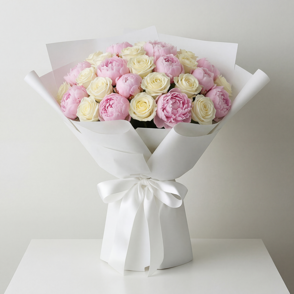 Bouquet Rose Bianche e Peonie Rosa