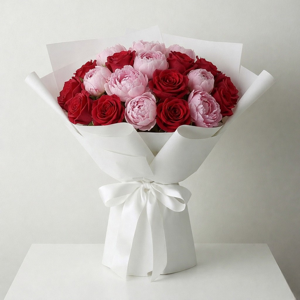 Bouquet Rose Rosse e Peonie Rosa