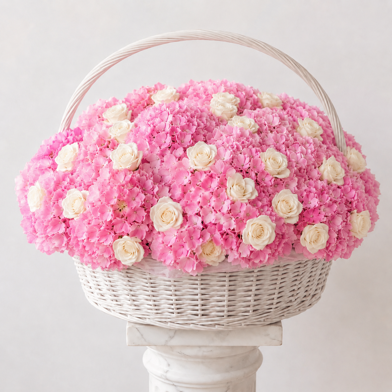 Large Basket of Pink Hydrangeas and Roses
