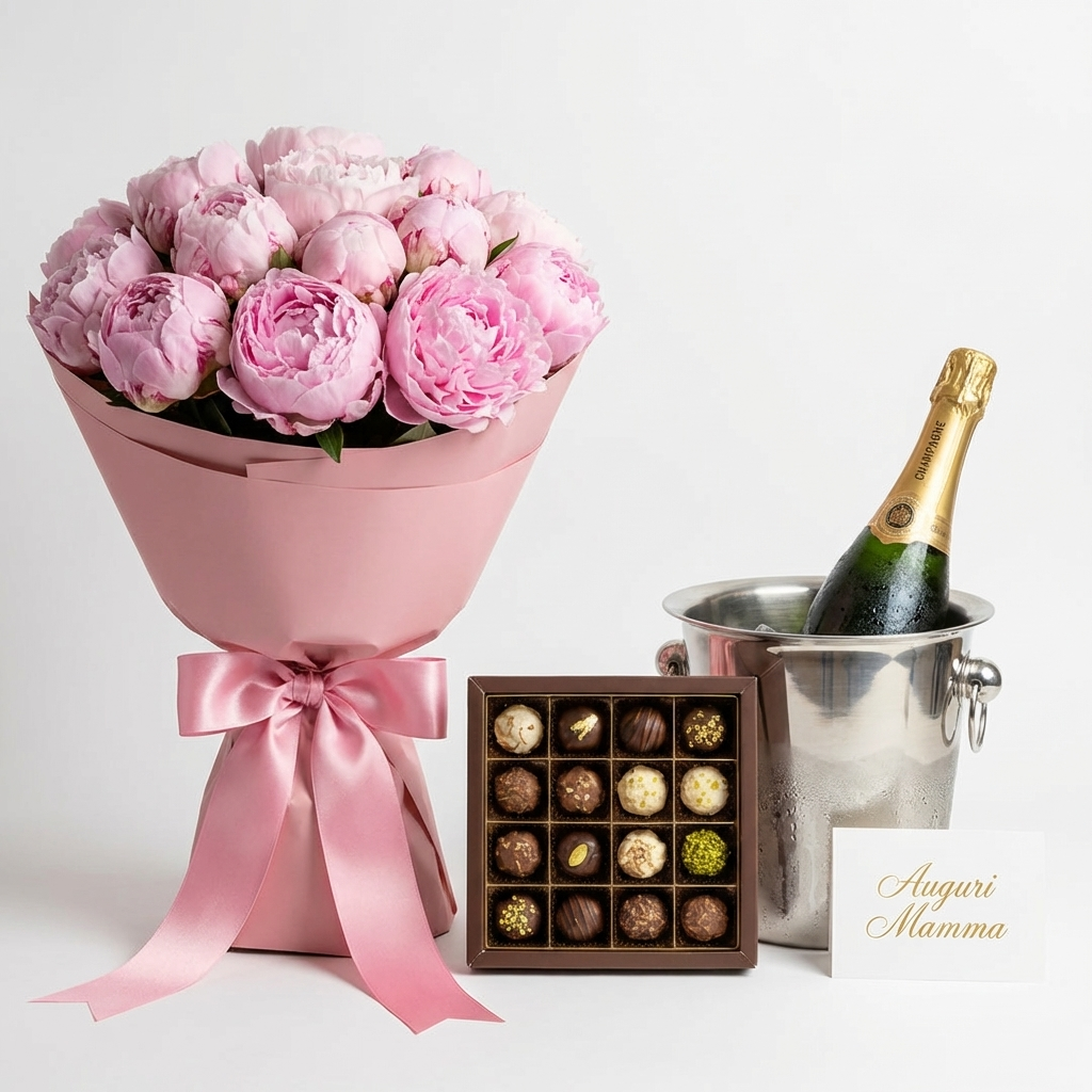 Peonie Rosa e Praline d'Autore (Champagne Rosé)