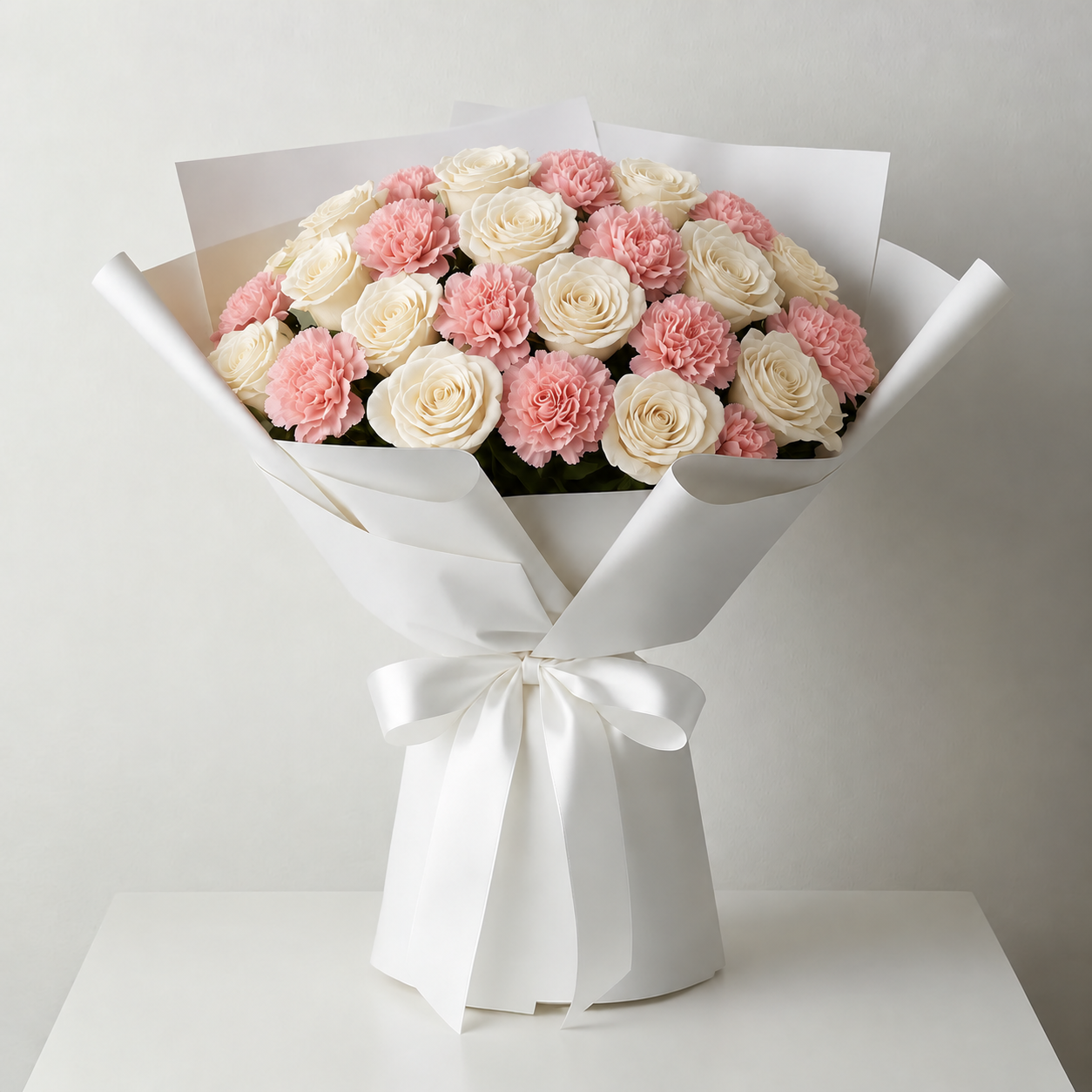Bouquet Rose Bianche e Garofani Rosa