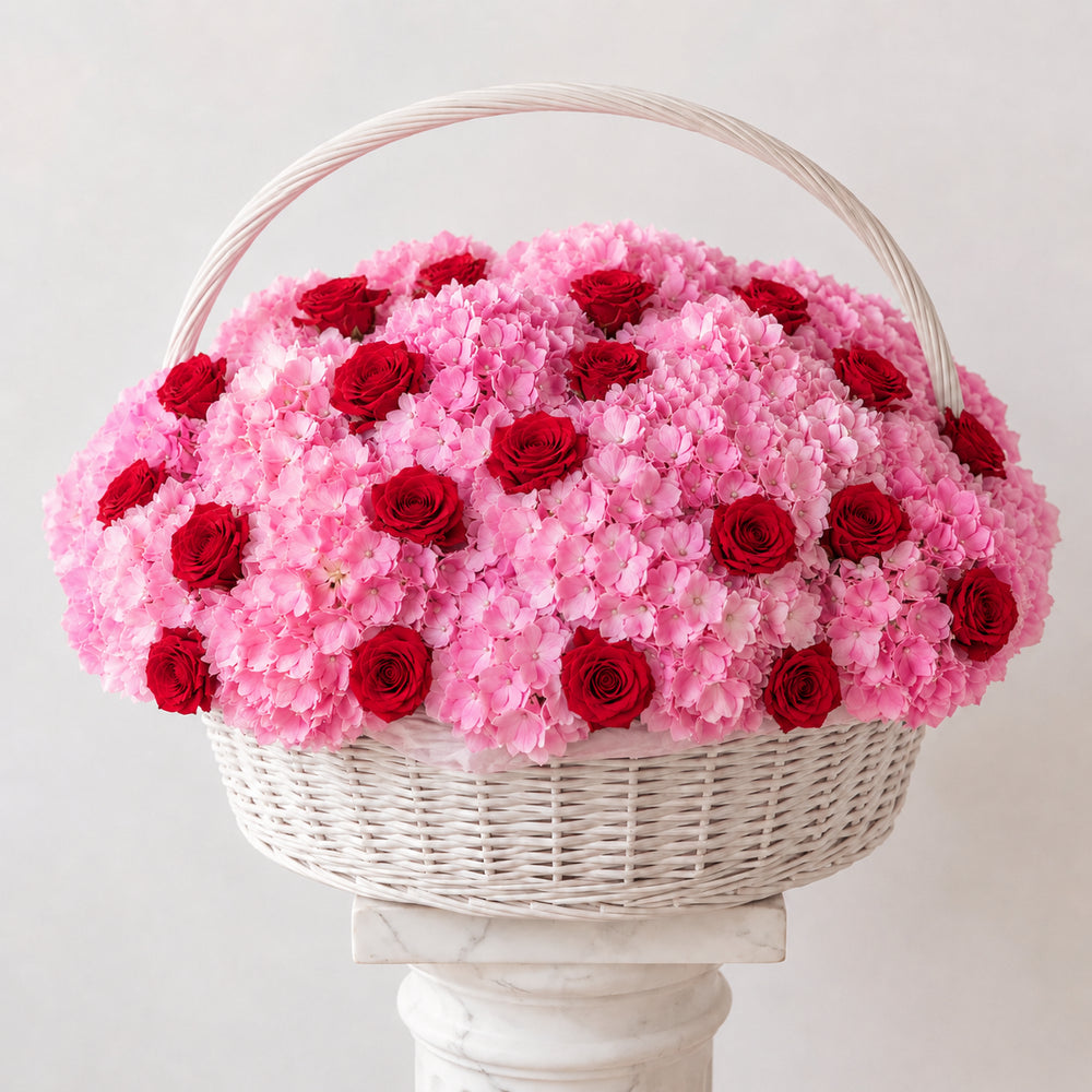Large Basket of Pink Hydrangeas and Roses